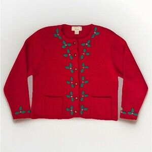 Tally-Ho Red Holly Embroidered Christmas Cardigan Petite Medium Vintage